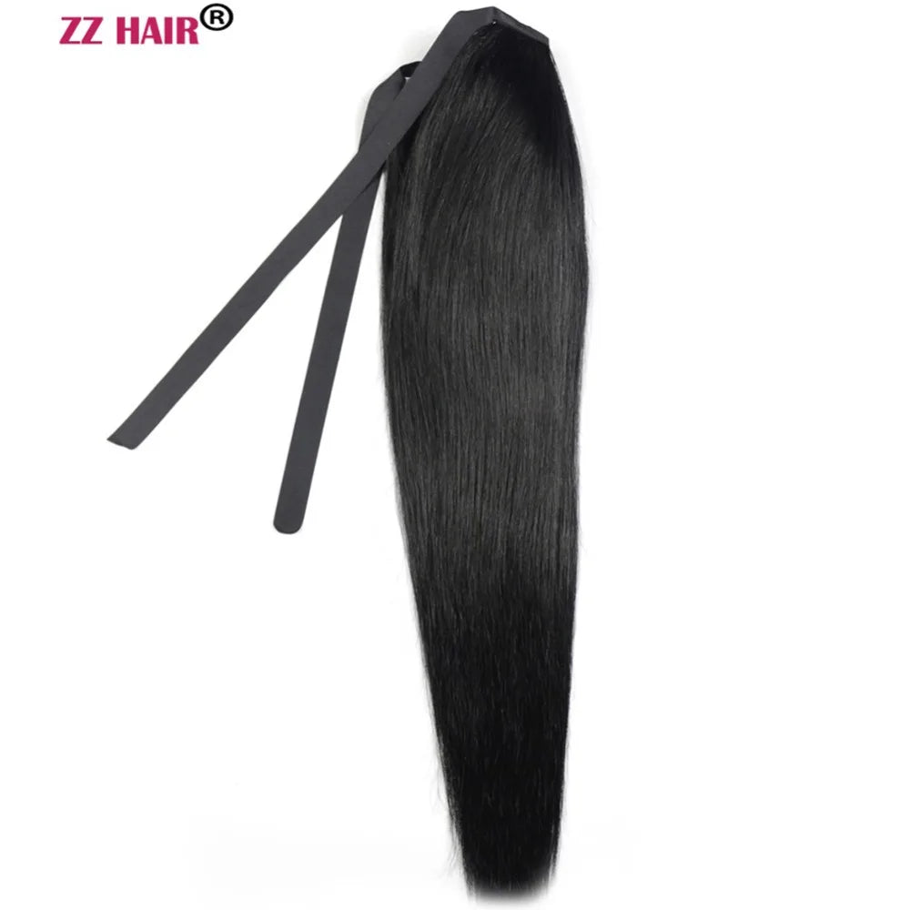 ZZHAIR Brazilian Remy human hair ribbon ponytail, 16–20 inch natural straight horsetail clip-in, 60g