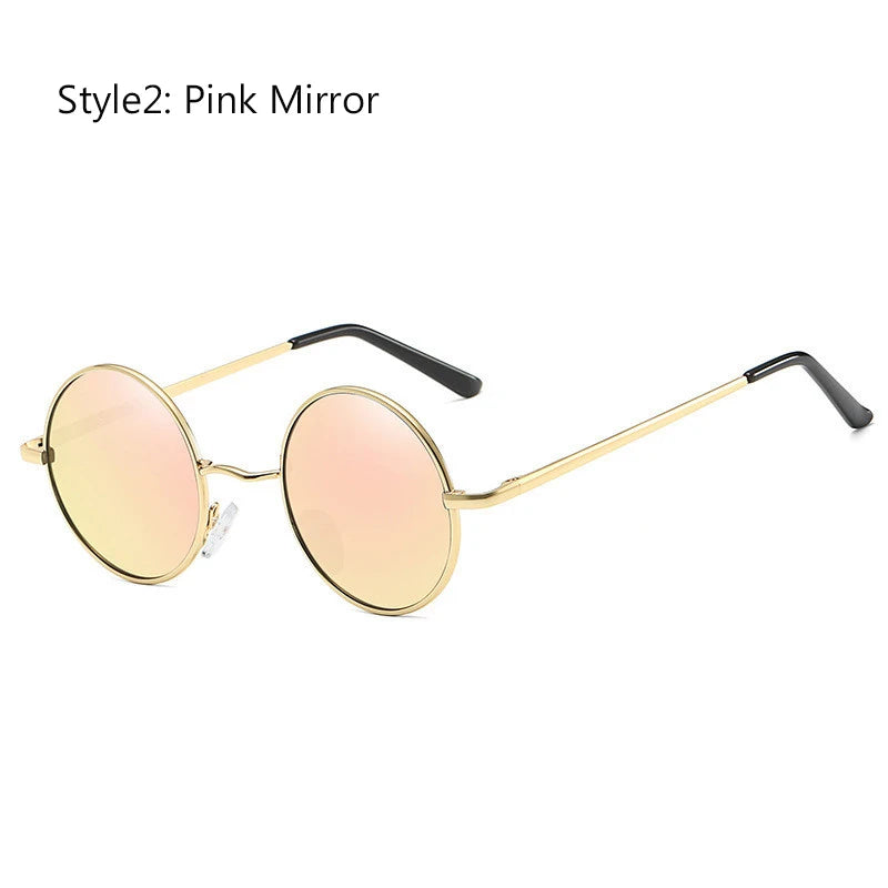 Retro vintage round polarized sunglasses for men and women with black lenses, alloy metal frame, UV400 protection, designer style.