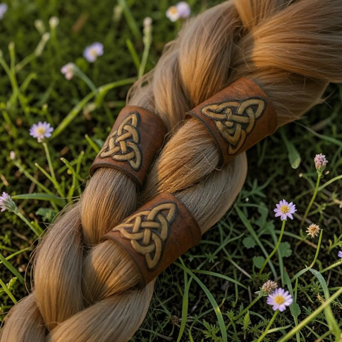 Viking hair beads for braids with Celtic knot leather hair cuff in brown leather and metal detailing