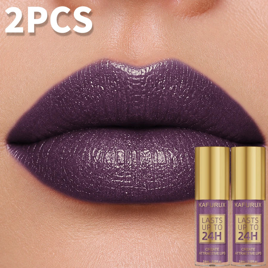 Set of two metallic glitter lip glosses in five colors with shiny, waterproof liquid lipstick and lip tint for a glossy Korean makeup look.