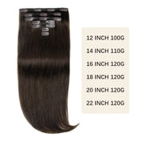 Invisible PU clip-in human hair extensions, 7-piece set with injected PU tape weft, 12–24 inch, 100–120g