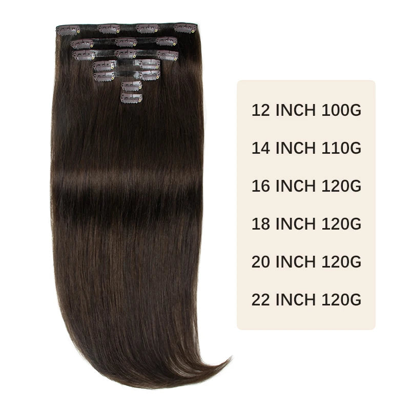 Invisible PU clip-in human hair extensions, 7-piece set with injected PU tape weft, 12–24 inch, 100–120g