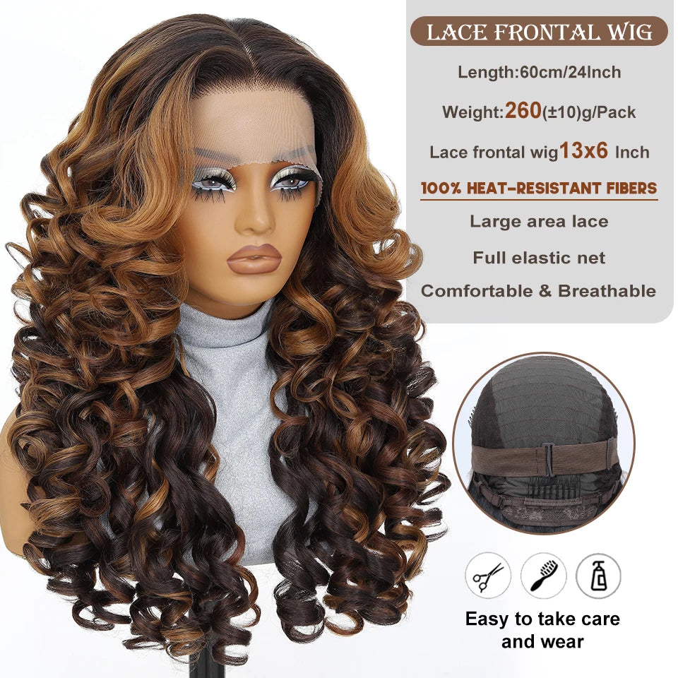 Latisha Lace Frontal Wigs 13x6 Synthetic High Temperature Fiber HD Lace Frontal Wigs 24 Inch Loose Curls Lace Wig For Afro Wome