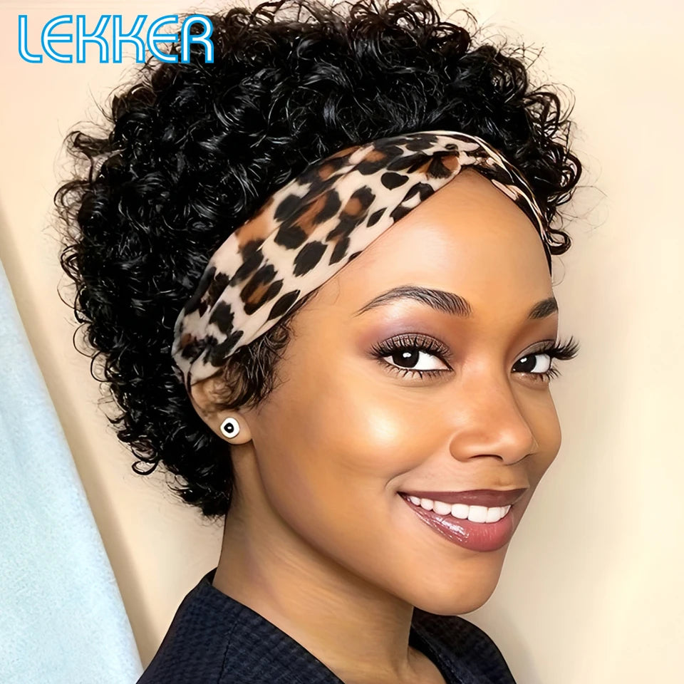 Short curly pixie bob human hair wig, half headband style, full machine-made glueless Brazilian Remy hair wig