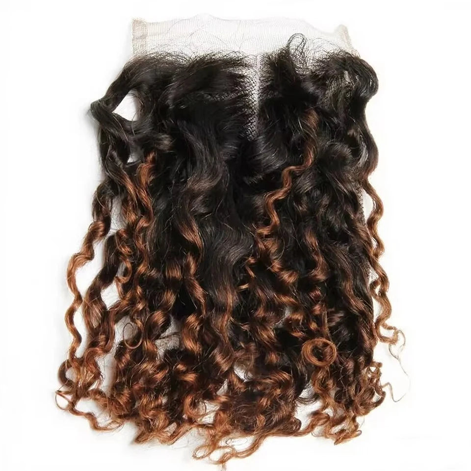 Ombre Brown T1b/30 Mongolian Pixie Curls Hair Weave Bundles with Closure Human Hair Bundles And Closure Frontal with Bundles