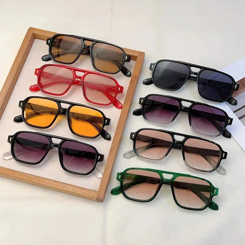 Vintage double bridge square sunglasses with rivets, ocean lens, UV400 protection, for women, trendy travel eyewear by HSF Marketplace.