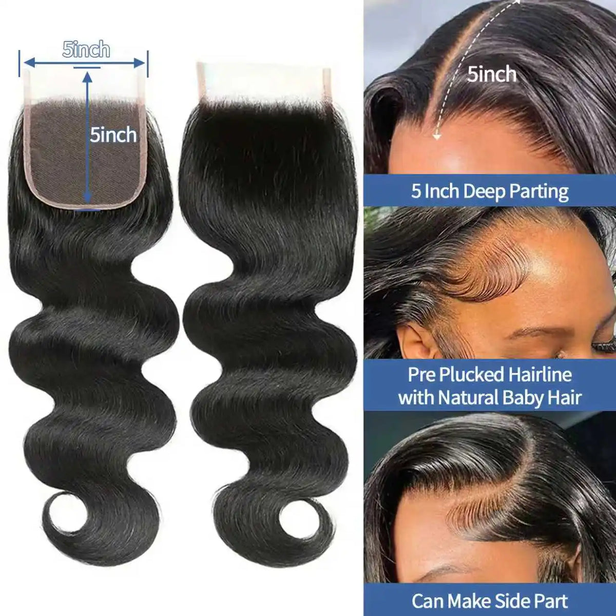 5X5 Body Wave 3/4 Bundles with 4X4 Lace Closure Human Hair Extensions for Women Natural Black Big Wave Human Hair Easy to Wear for Women'S Daily Styling