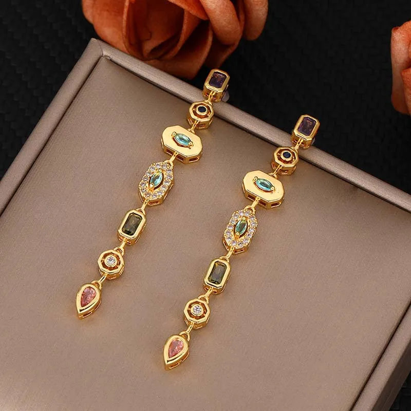 Colorful zircon water drop long tassel earrings for women, statement jewelry by HSF Marketplace