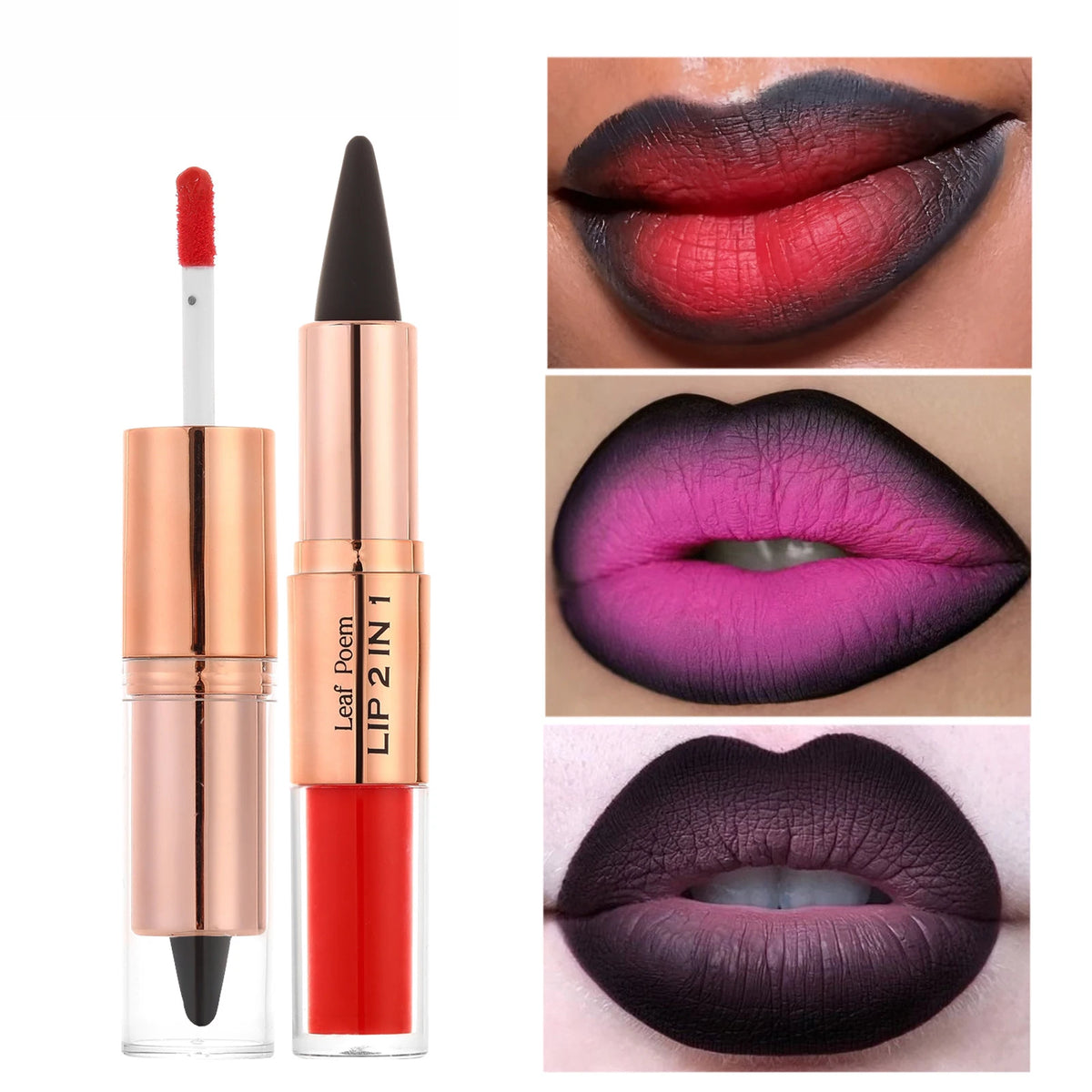 Red and black double-ended waterproof lip liner and matte lip gloss with purple rose design by HSF Marketplace for precise lip contouring