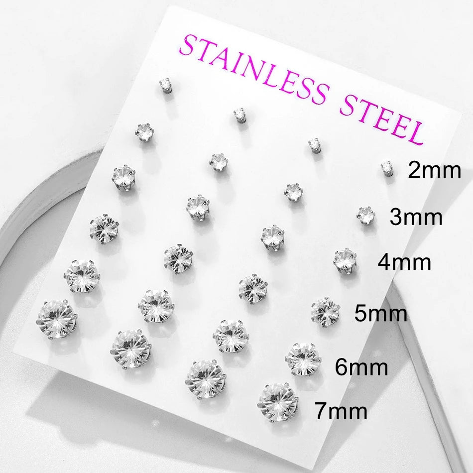 12 pairs of 2–7mm white crystal stud earrings, round and square zircon designs with golden stainless steel posts