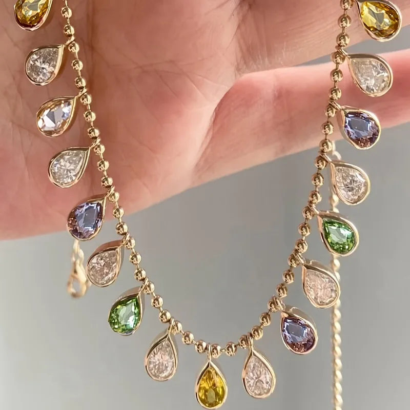 Bohemian multicolor teardrop crystal necklace with gold-plated water drop CZ pendant, delicate statement jewelry for women