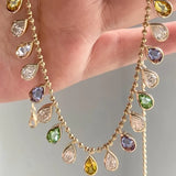 Bohemian multicolor teardrop crystal necklace with gold-plated water drop CZ pendant, delicate statement jewelry for women