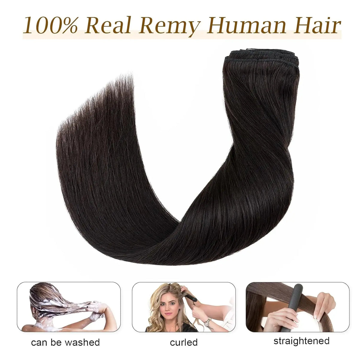 120g 8-piece straight clip-in extensions, 100% unprocessed Brazilian Remy human hair in natural black