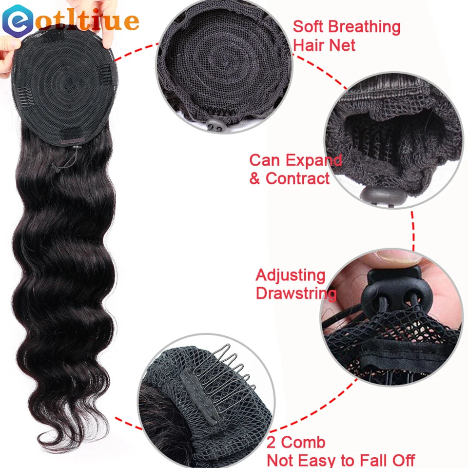 Natural black Brazilian human hair body wave drawstring ponytail extension with clip-in attachment
