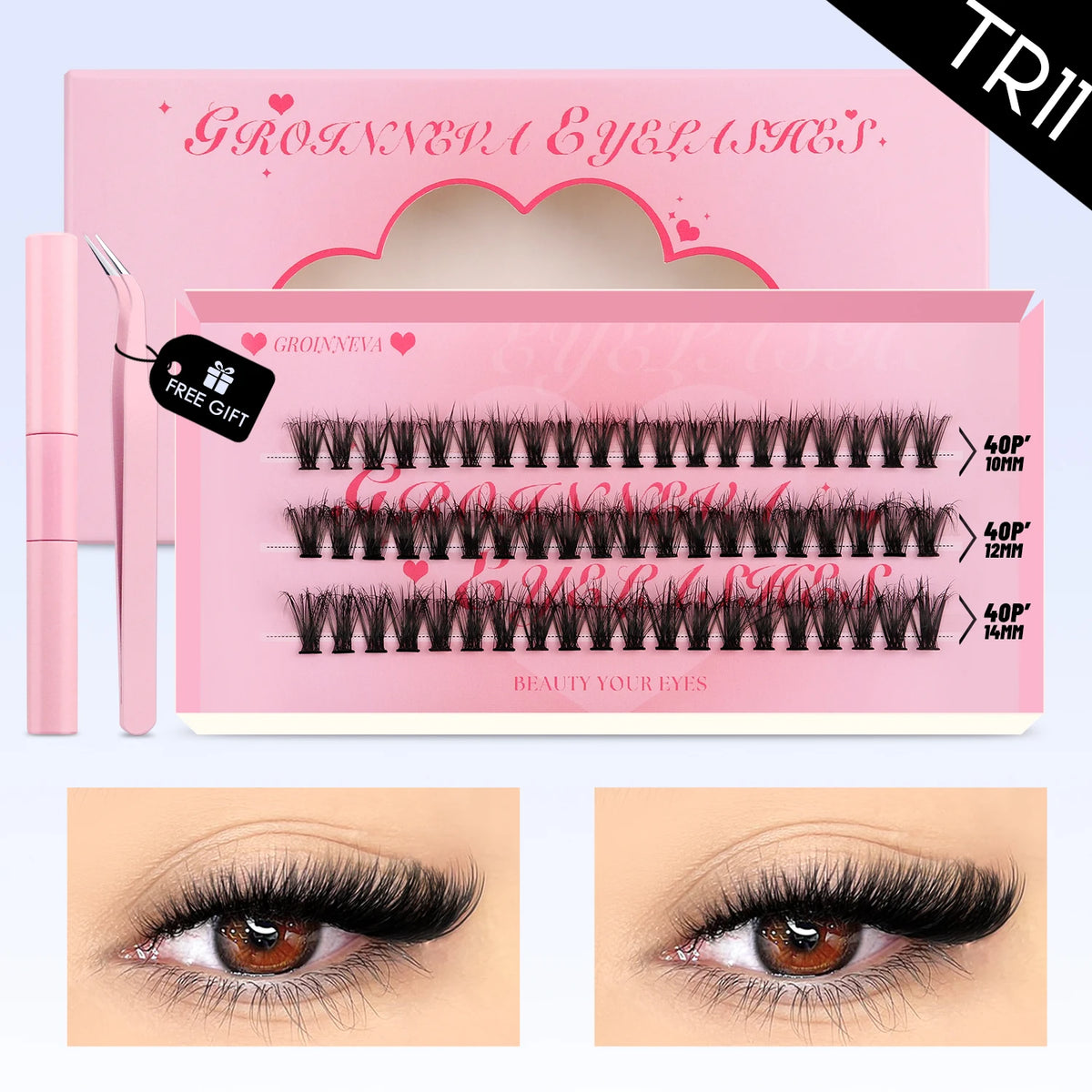 GROINNEYA fluffy 3D mink faux manga lash clusters kit with bond and seal for eye makeup extensions