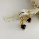 Black LOVE heart zircon drop earrings for women, elegant jewelry with heart-shaped pendants and sparkling stones