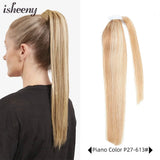 Isheeny straight human hair ponytail extension, natural Brazilian Remy wrap clip-in style, available in multiple lengths