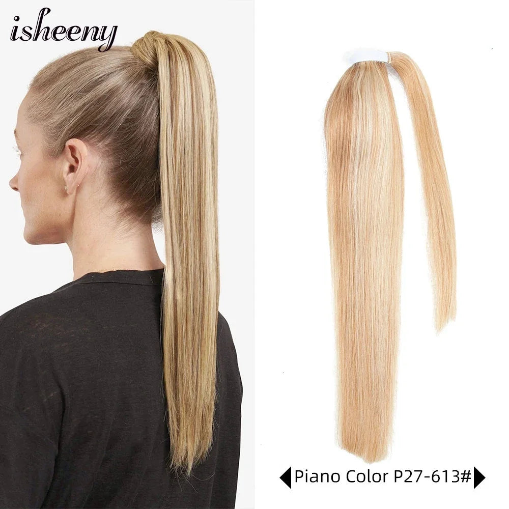 Isheeny straight human hair ponytail extension, natural Brazilian Remy wrap clip-in style, available in multiple lengths