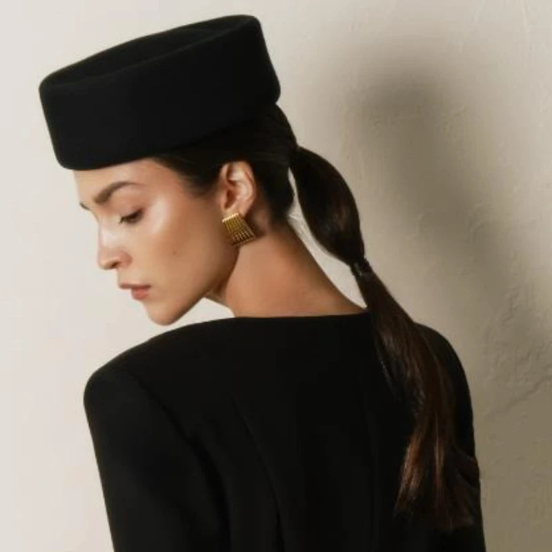 Women's vintage wool felt beret hat with hard concave top, pillbox cap and fascinator style in HSF Marketplace design