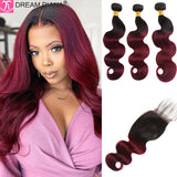 Red body wave Brazilian human hair bundles with closure, 10A grade by HSF Marketplace