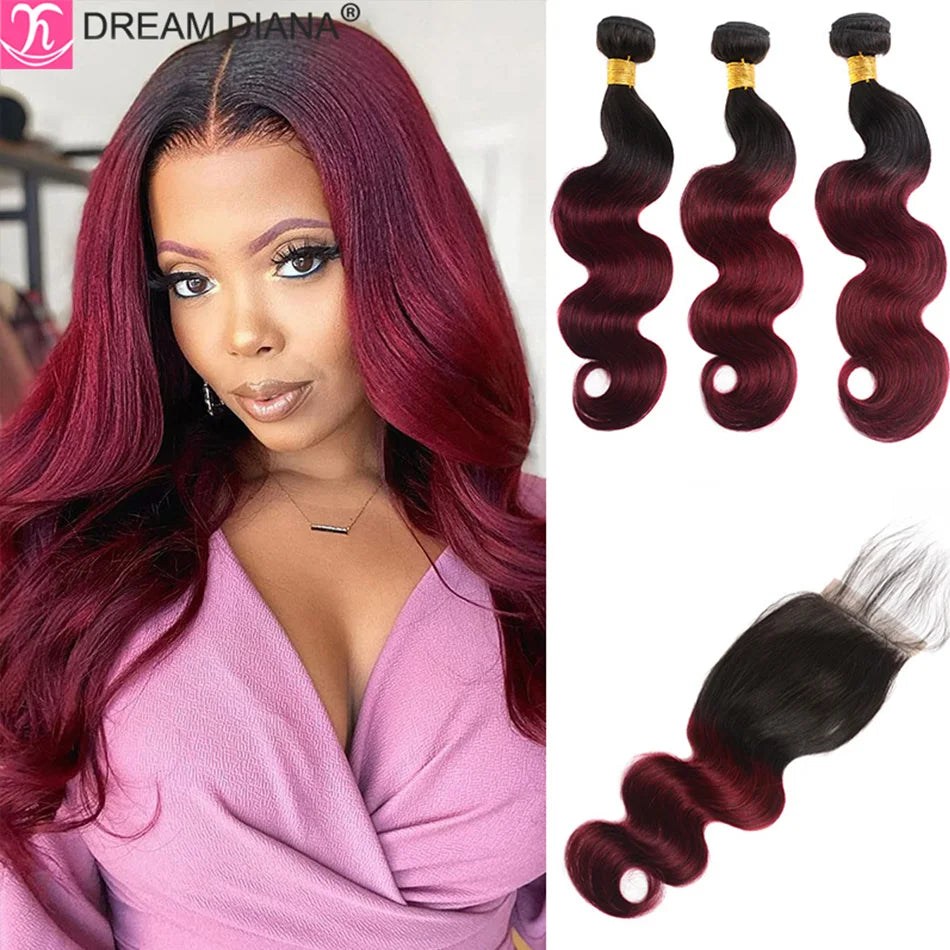 Red body wave Brazilian human hair bundles with closure, 10A grade by HSF Marketplace