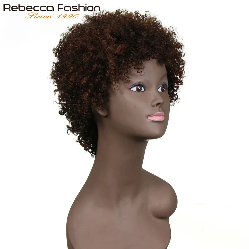 Rebecca Brazilian Afro Kinky Curly Human Hair Wig in dark brown, short, full machine-made Remy hair, natural texture, styled for a full look