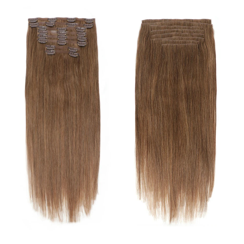 Invisible PU clip-in human hair extensions, 7-piece set with natural-looking tape weft and clips