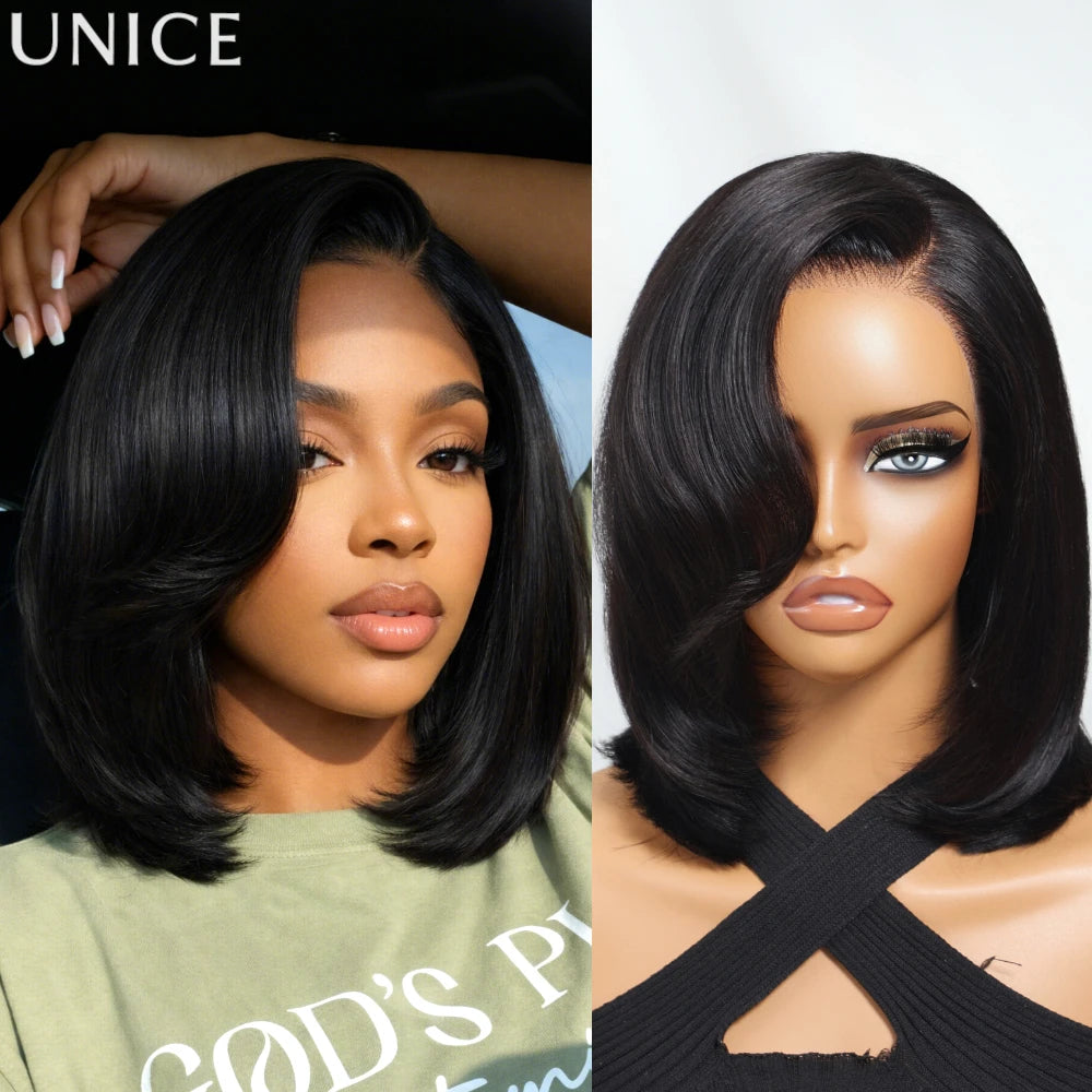 Layered human hair bob wig with side-swept bangs for effortless style