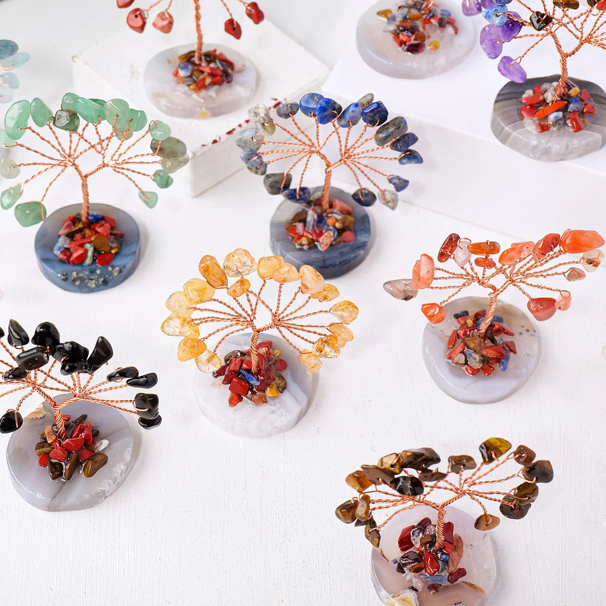 12pcs/box Natural Gemstone Crystal Chakela Lucky Tree With Agate Base Home Office Desk Living Room Crystal Decor Mini Sized Home