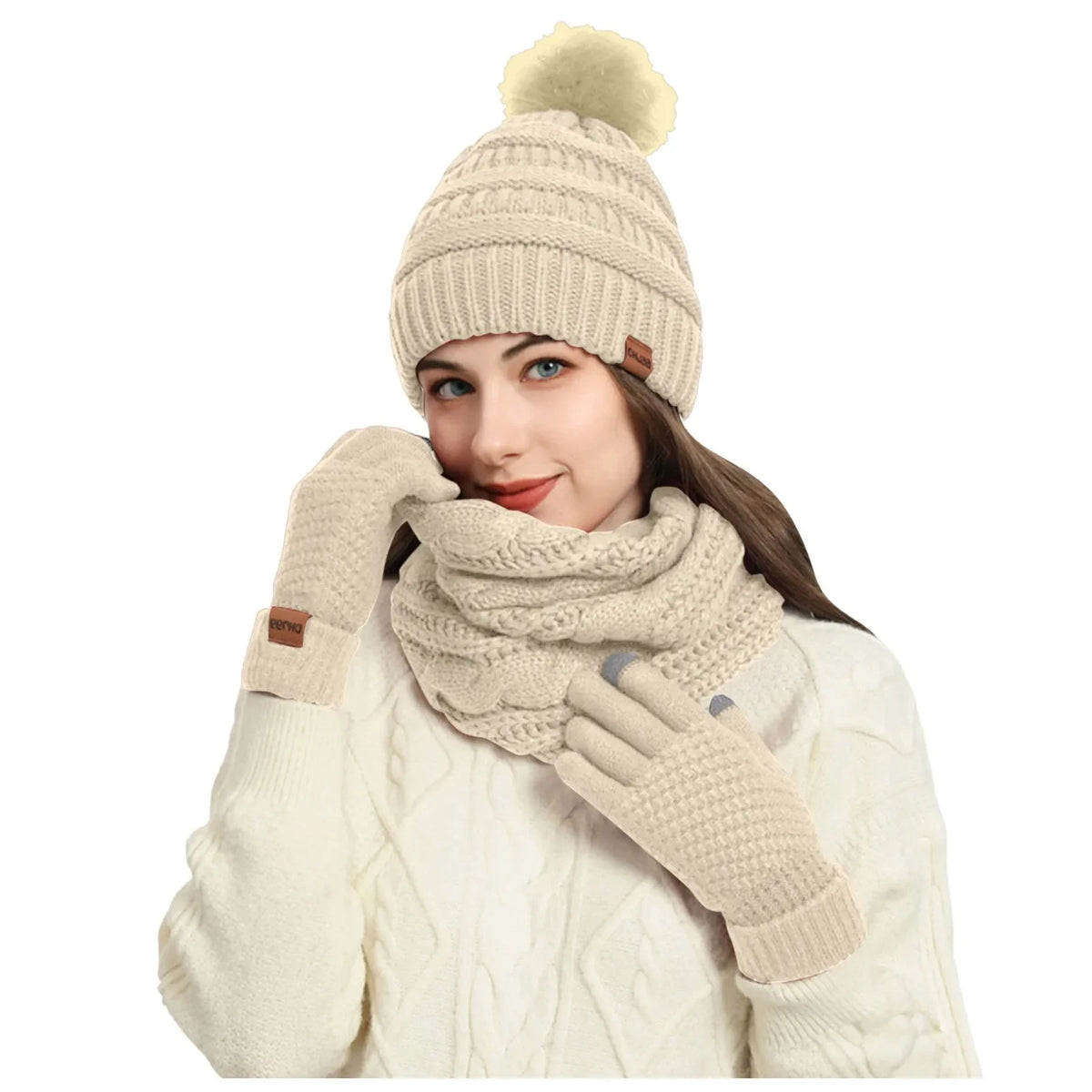 Women's winter hat, scarf and gloves set with faux fur ball by HSF Marketplace