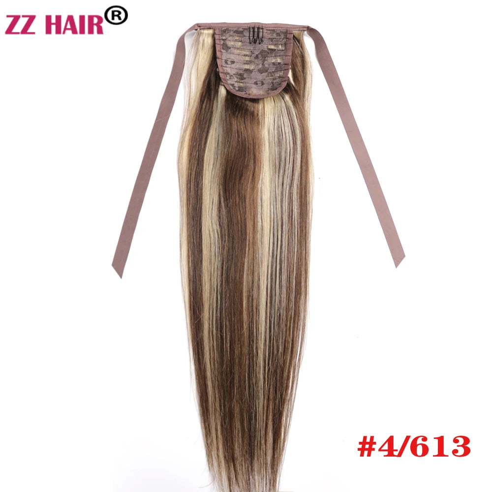 ZZHAIR Brazilian Remy human hair ribbon ponytail extension, 16–20 inch natural straight horsetail clip-in, 60g