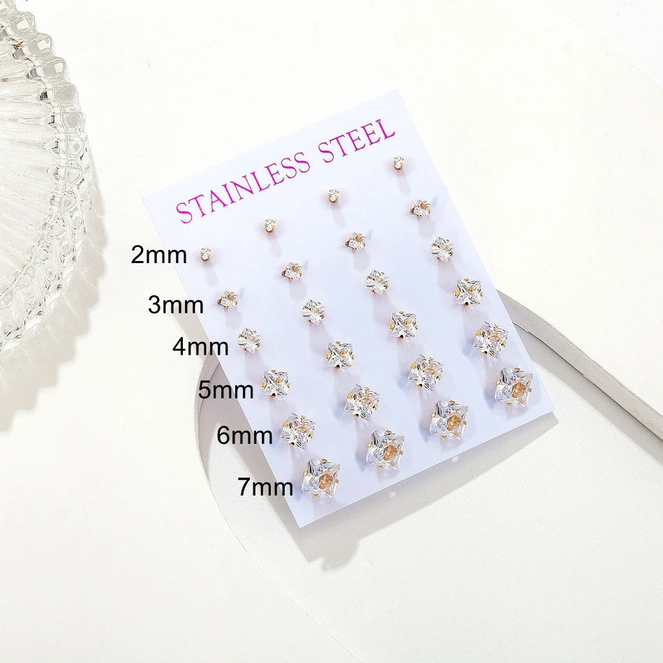 12 pairs white crystal stud earrings set, 2–7mm round and square zircon designs with golden stainless steel posts