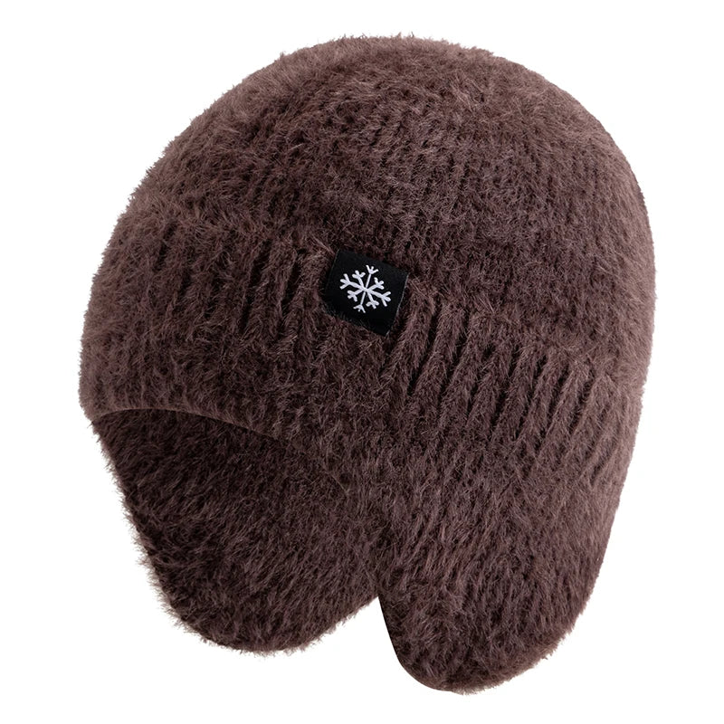 Women's candy-color faux fur knitted earflap winter beanie hat, Kpop-style soft streetwear cap
