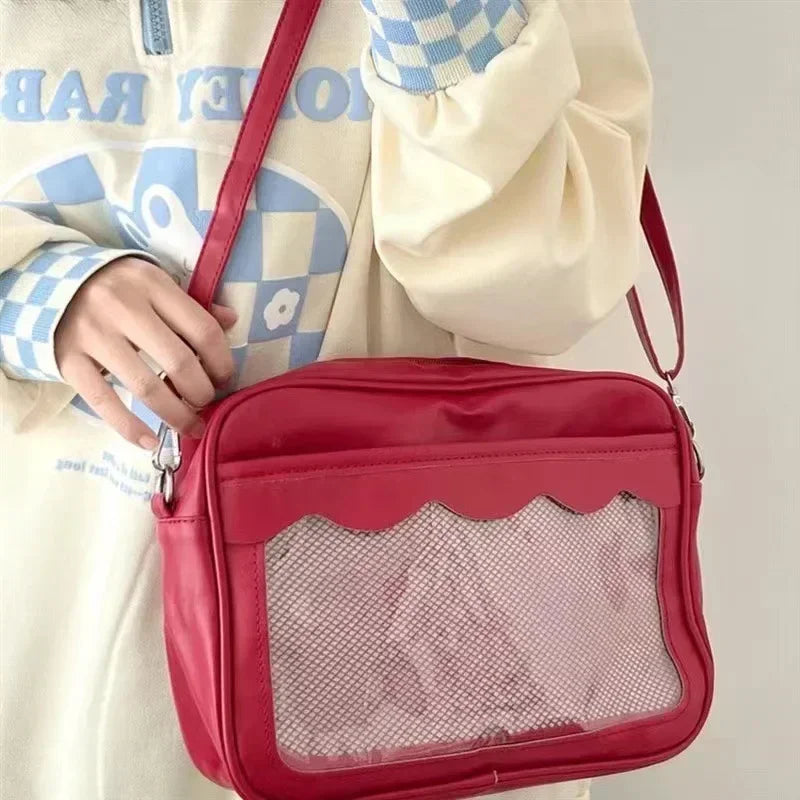 Japanese Harajuku Ita Bag by HSF Marketplace, transparent PU shoulder bag with pockets, featuring a high school girl uniform design.