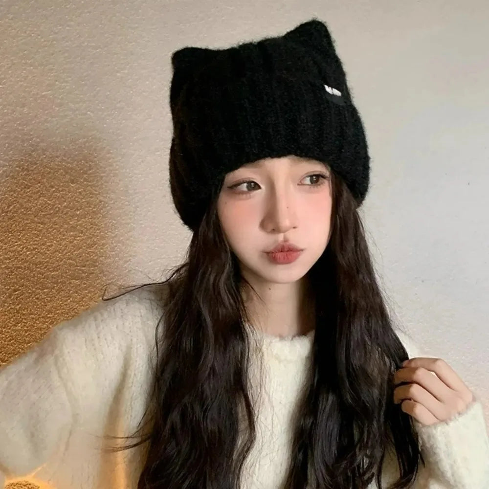 Women's cat ear knitted beanie winter wool hat, Korean style cute headwear by HSF Marketplace