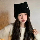 Women's cat ear knitted beanie winter wool hat, Korean style cute headwear by HSF Marketplace