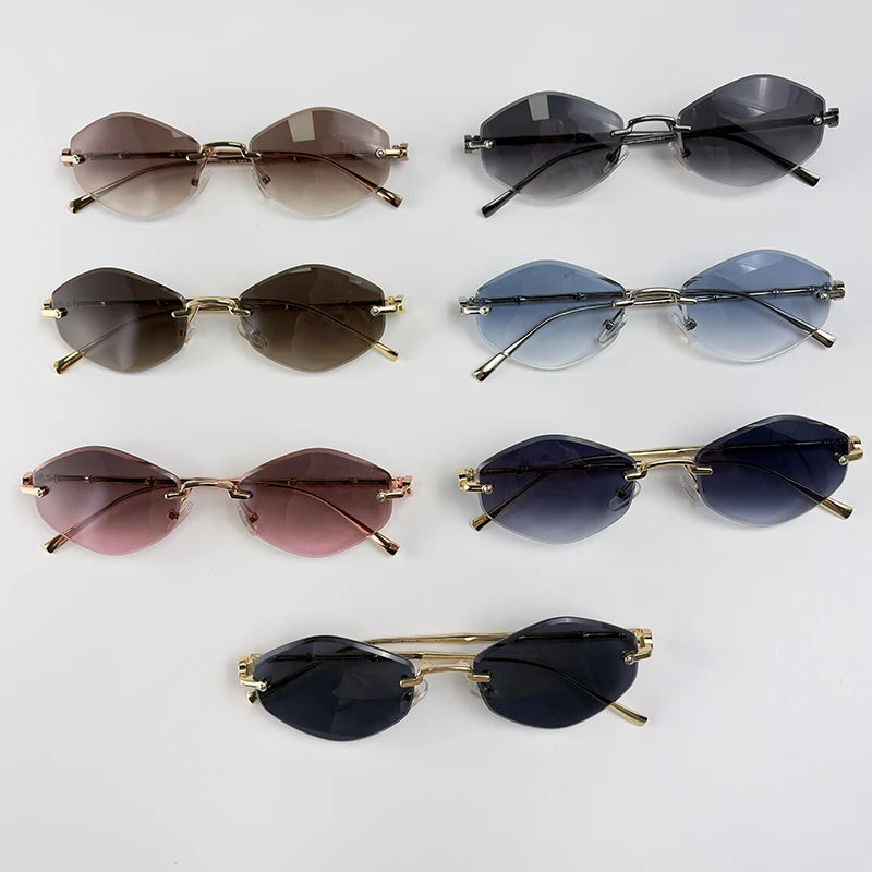 Rimless polygon sunglasses for women with gradient lenses and bamboo temple arms, stylish frameless sun glasses by HSF Marketplace.