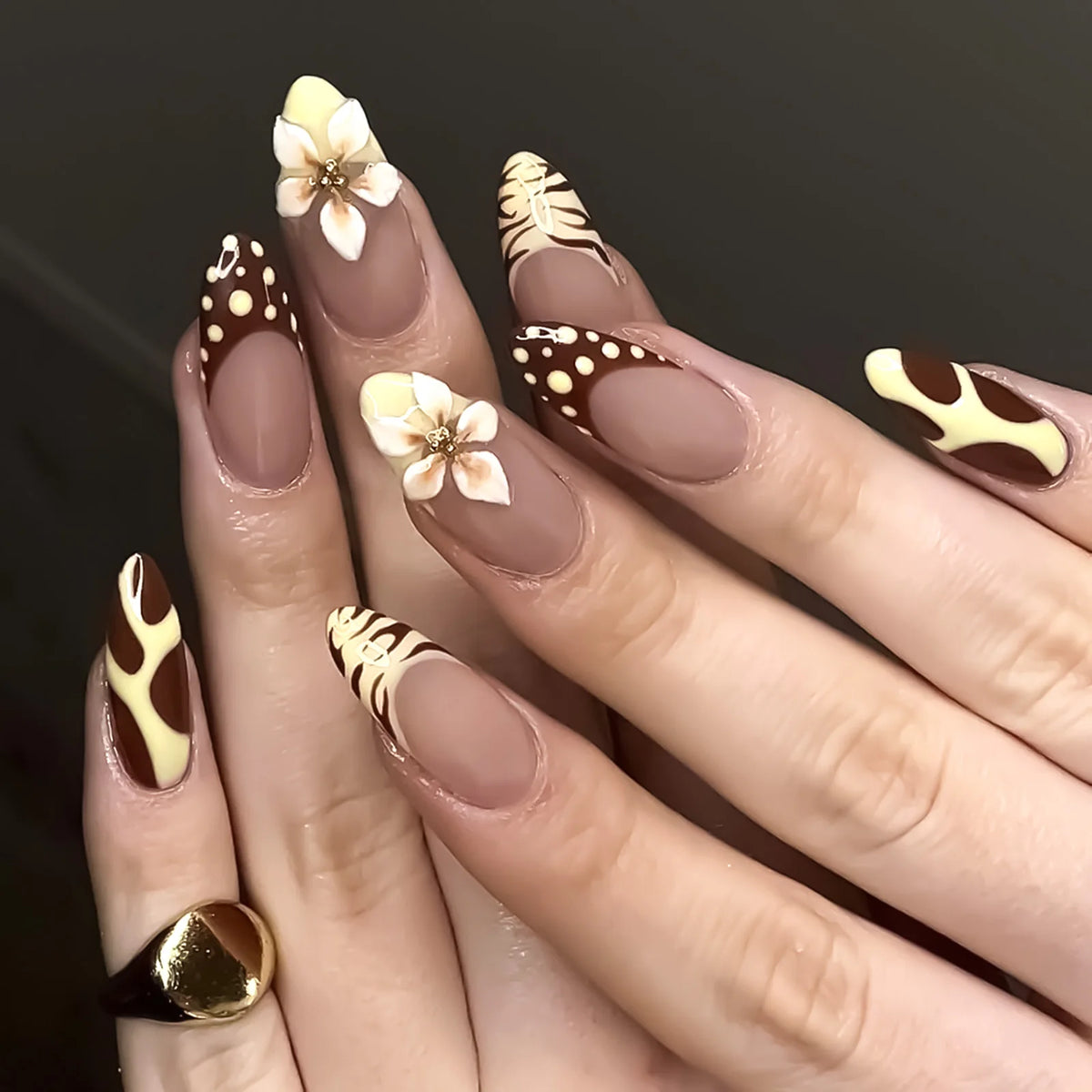 24-piece almond shape false nails with brown stripes and pink flowers, HSF Marketplace full-cover acrylic nail tips