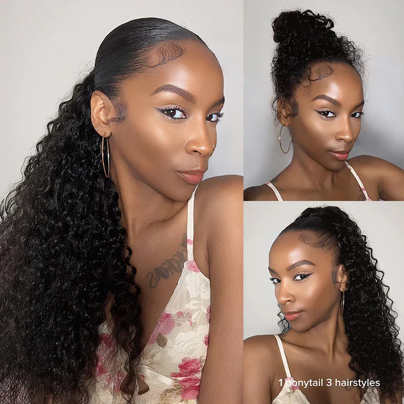 Deep wave human hair drawstring ponytail with deep curly texture, 100% Remy hair extension for Black women