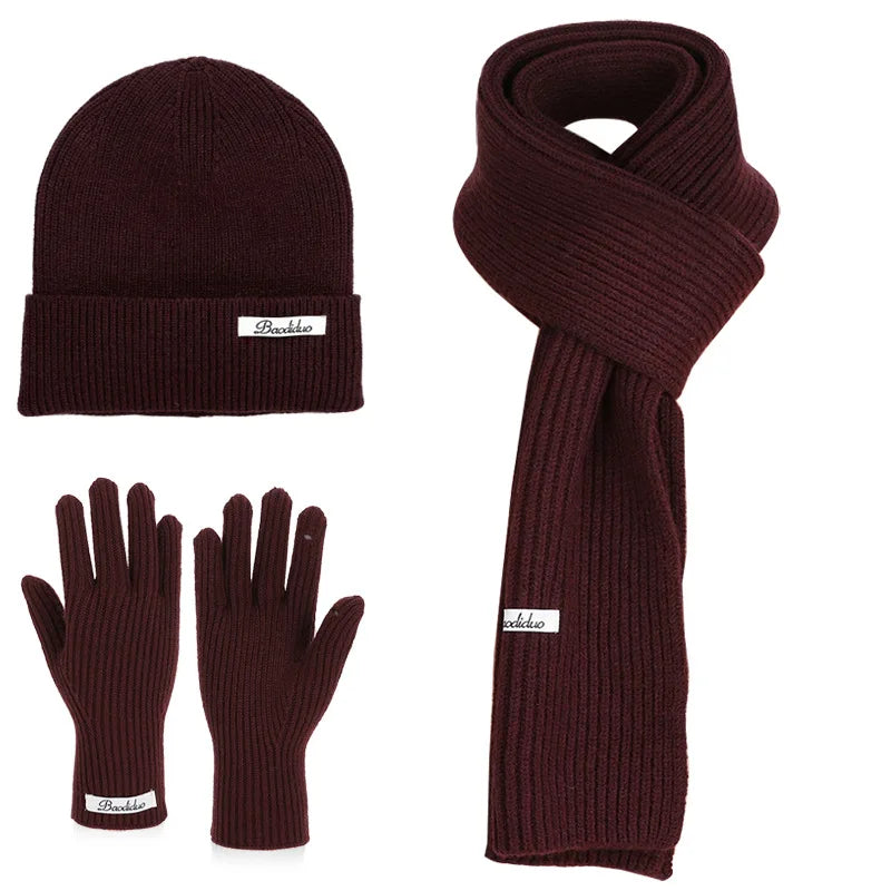 HSF knitted winter beanie, scarf, and touch screen gloves set in a coordinated cold-weather design