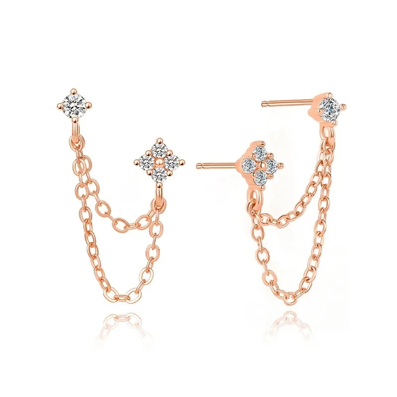 Luxury CZ double ear studs with tassel chains for women, HSF jewelry earrings