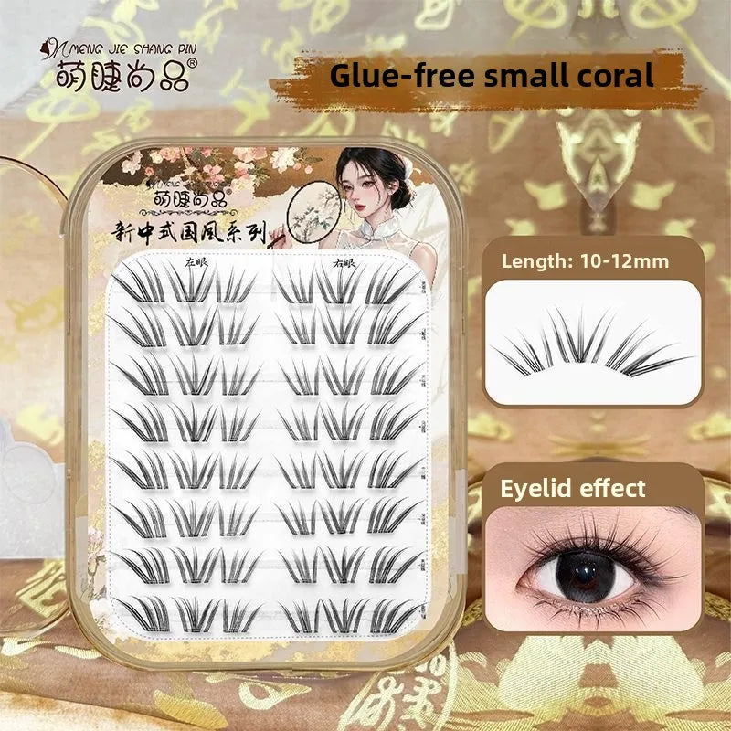 No Glue Self-Adhesive False Eyelashes - Dramatic Volume Natural Wispy Winged Fox Eye Manga Style Fluffy Cat Eye Lashes 7-12mm