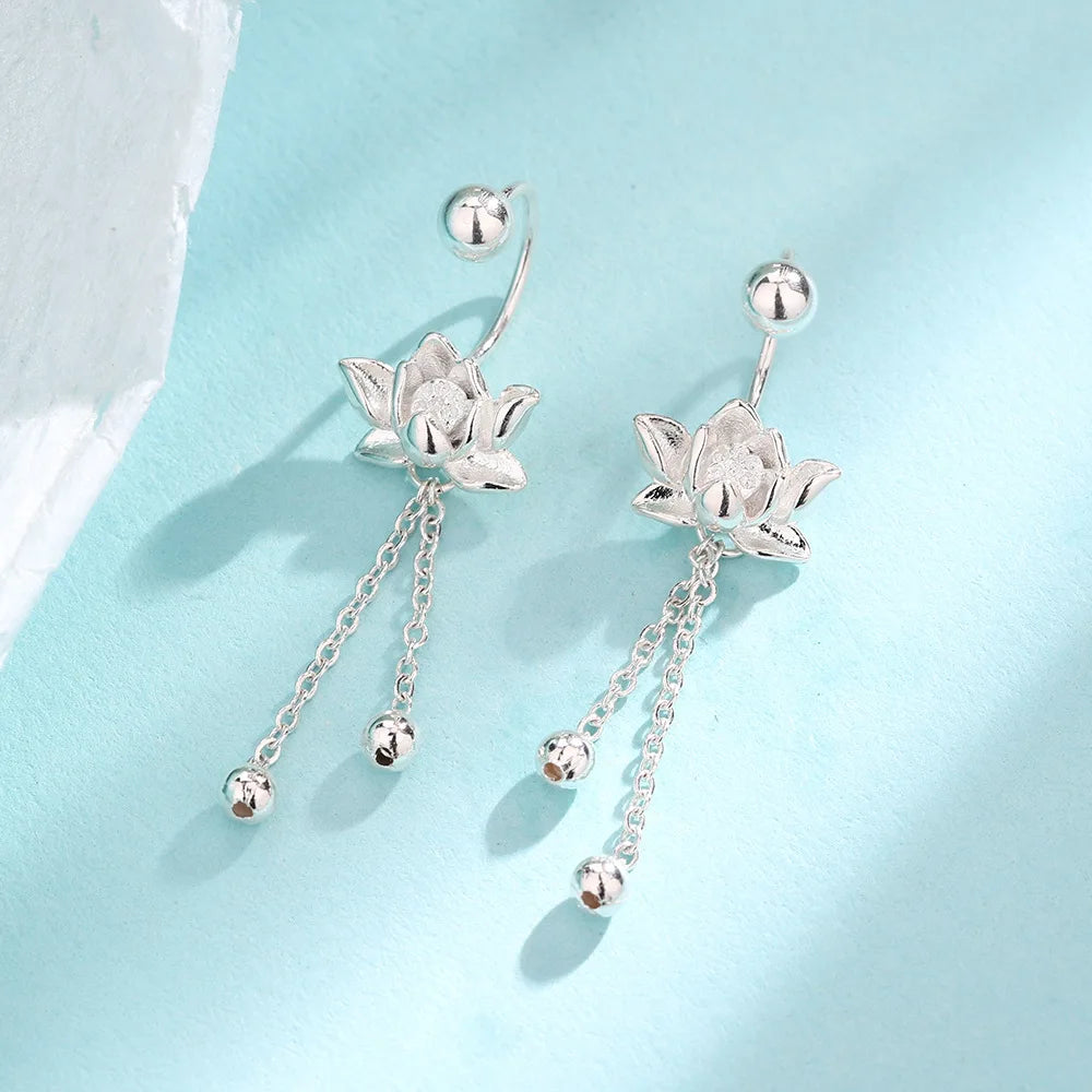 Vintage lotus earrings in 925 sterling silver for women, featuring delicate floral details