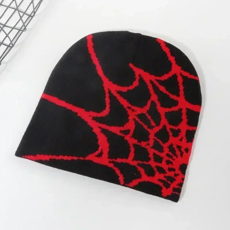 Women's Y2K goth spider web skull beanie hat, black pullover pile cap with hip-hop street style pattern