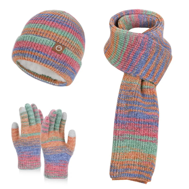 Women's gradient color knitted hat, scarf, and gloves winter set by HSF Marketplace