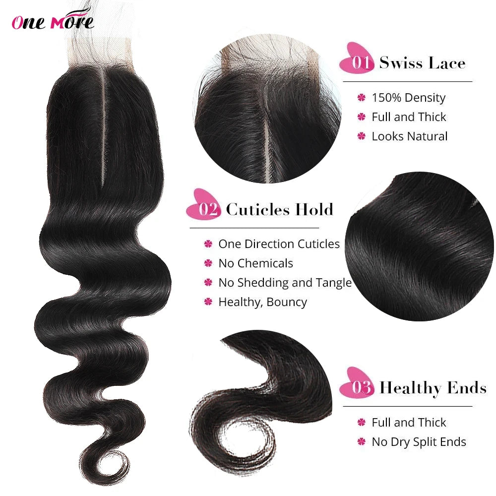 Brazilian Body Wave Human Hair Weave 2x6 with 3/4 Natural Hair Bundles Deep Parting Closure for Hair Extensions