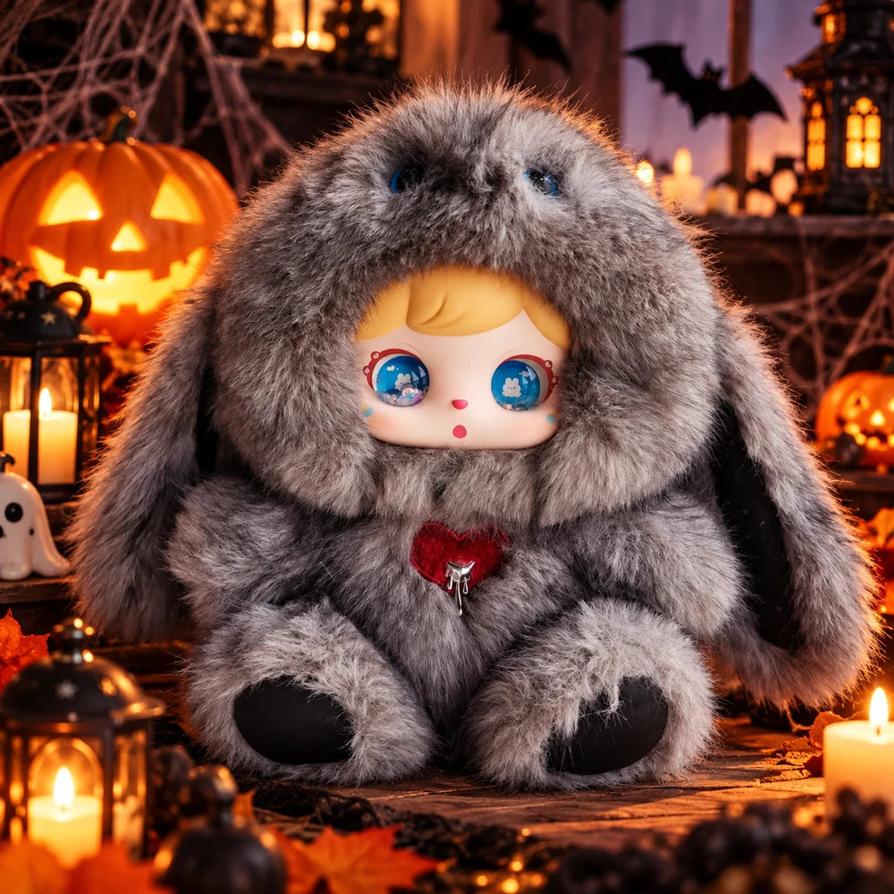 Large plush Halloween gothic bunny character, soft fluffy kawaii collectible figure from HSF Marketplace