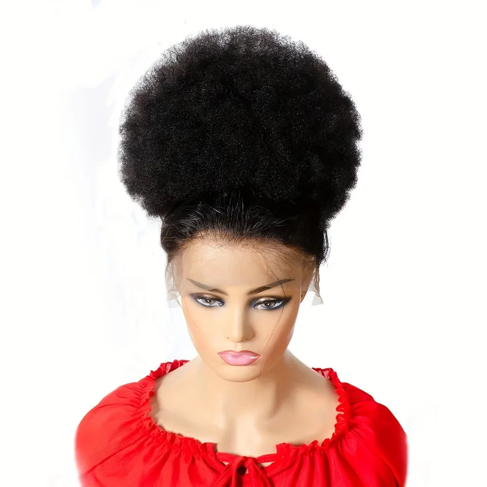 Natural black short voluminous kinky afro puff drawstring human hair bun ponytail by HSF Marketplace