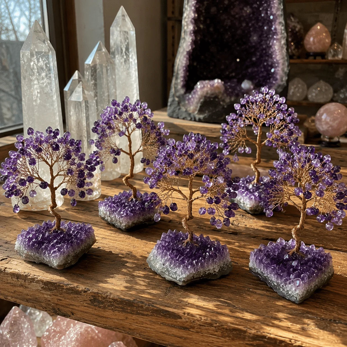 Random natural amethyst cluster tree handmade crystal sculpture, suitable for desktop decoration, office ornaments, unique gifts