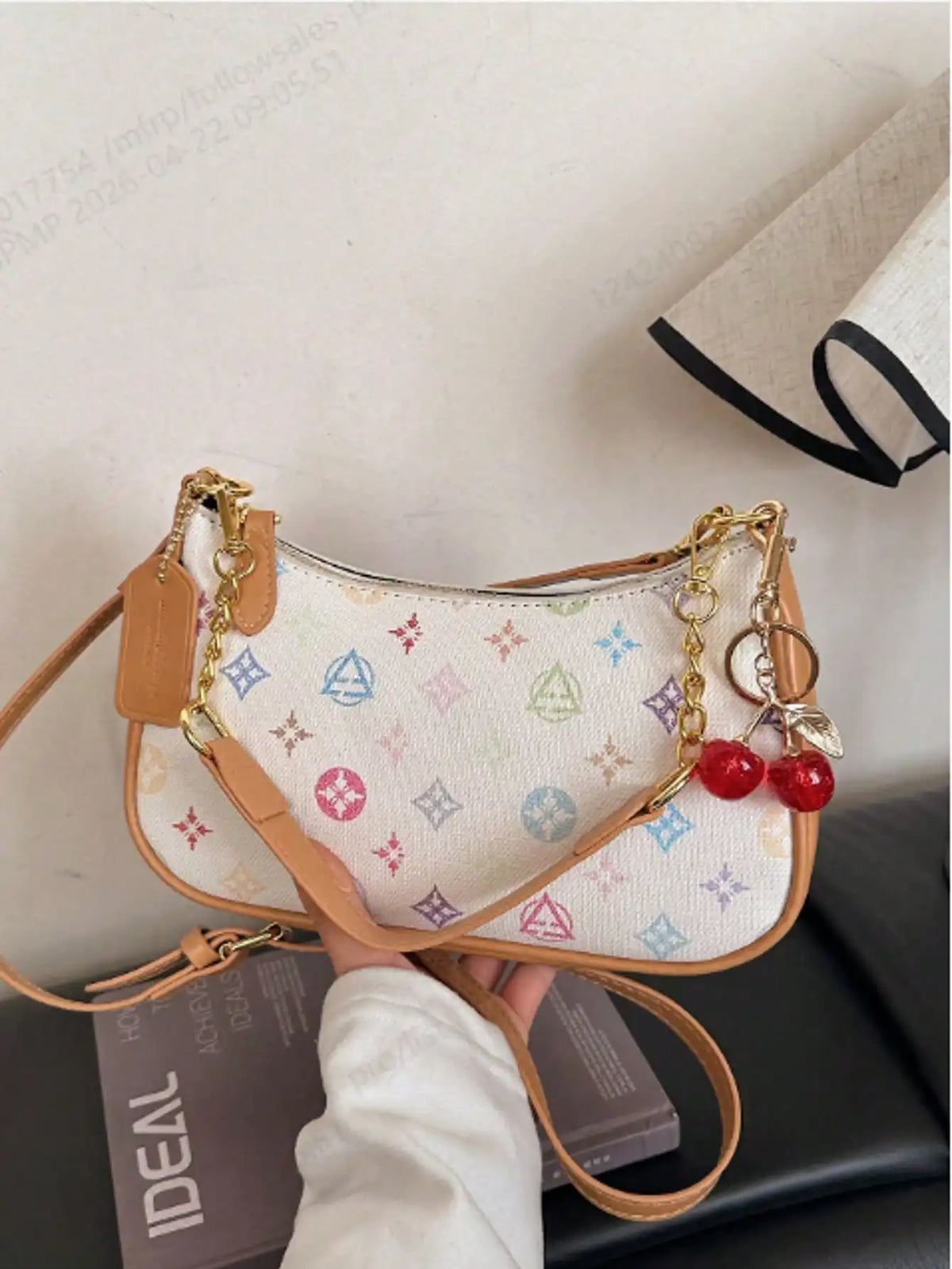 Pink crescent shoulder bag with star and letter details, HSF handbag for women